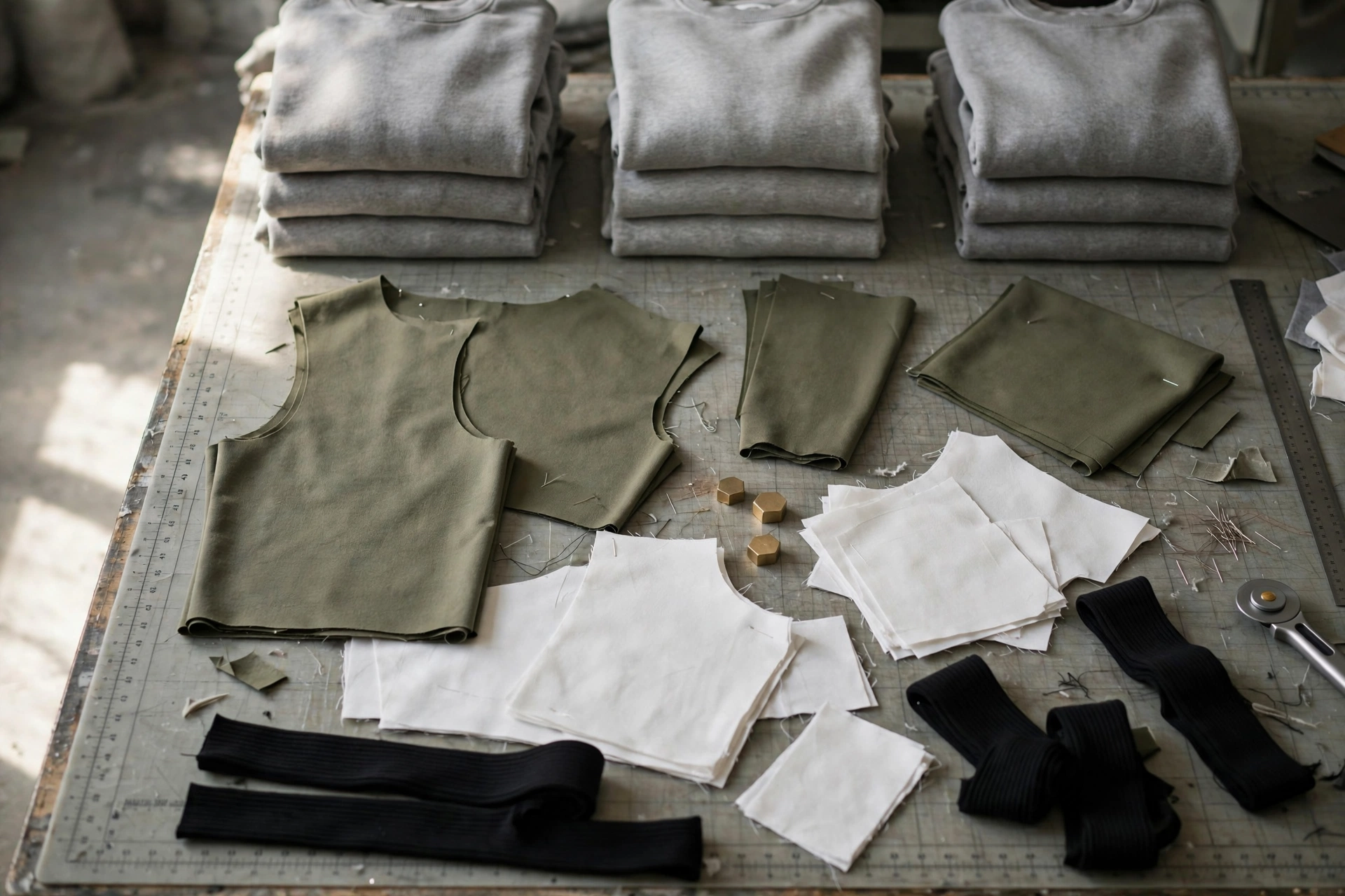 Folded garments and fabric panels — grey sweatshirts, olive apparel, white cut pieces and black ribbing at the factory
